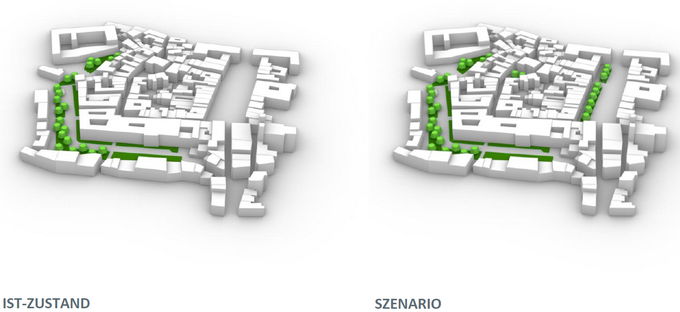 Darstellung der Vergleichssimulation der Linzer Altstadt als 3D-Modell mit beziehungsweise ohne fiktiven Baumpflanzungen am Hauptplatz und am Tummelplatz