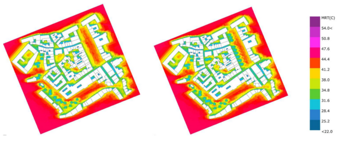 Draufsicht der Linzer Altstadt als Vergleich mit bzw. ohne Baumpflanzungen. Die simulierte mittlere Strahlungstemperatur ist im Bereich der fiktiven Baumpflanzungen niedriger