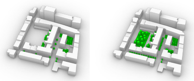 Darstellung der Vergleichssimulation einer fiktiven Begrünung eines innerstädtischen Baublocks als 3D-Modell ohne und mit Begrünung (mit Bäumen und Bodenentsiegelung im Hof und Baumpflanzungen entlang der straßenseitigen Süd- und Ost-Fassaden)