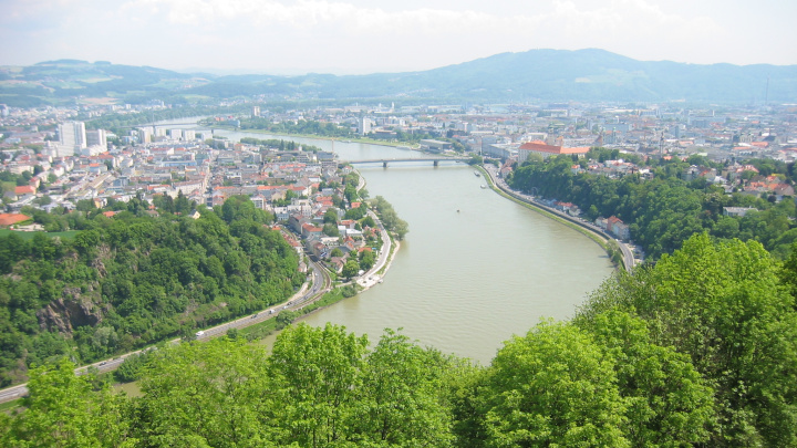 Blick vom Freinberg auf Alt-Urfahr, die Donau und die Linzer Altstadt mit Laubb&auml;umen im Vordergrund