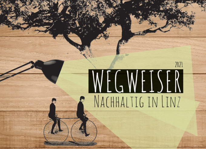 Foto: Eigenbrot Titelblatt des Wegweisers Nachhaltig in Linz 2021 mit stilisiertem Baum und historischem Fahrrad