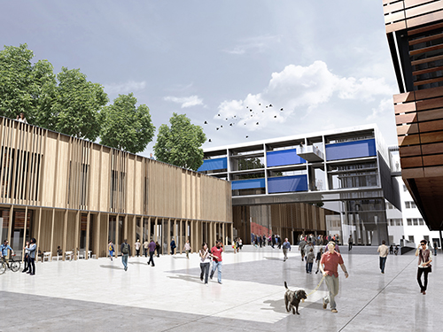 Blick auf die Bibliothek (links) und das Geb&auml;ude f&uuml;r die Lehre (hinten) - Rendering: lorenzateliers