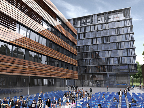 Blick auf den Campusplatz mit dem Forschungsgeb&auml;ude (links) und dem Verwaltungsgeb&auml;ude (hinten) - Rendering: lorenzateliers