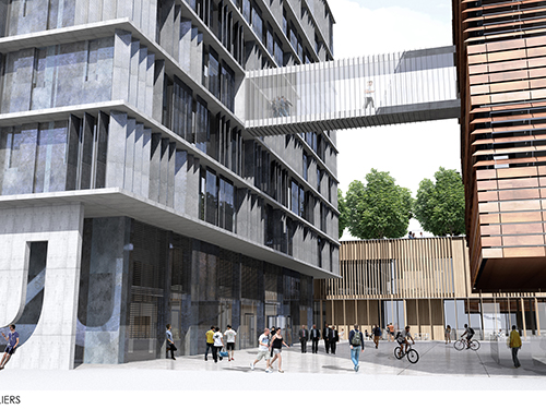 Von der Krankenhausstra&szlig;e f&uuml;hrt ein Durchgang auf den Campusplatz. Eine verglaste Br&uuml;cke verbindet das Verwaltungsgeb&auml;ude (links) mit dem Forschungsgeb&auml;ude. (Rendering: lorenzateliers)