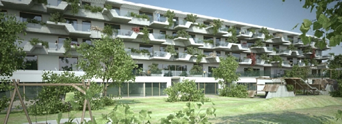Südansicht mit Hängenden Gärten - Rendering: SPS Architekten Südansicht mit Hängenden Gärten - Rendering: SPS Architekten