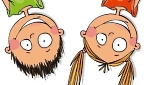 Sujet der Kinderkulturwoche: Ein M&auml;dchen und ein Junge h&auml;ngen mit dem Kopf nach unten ins Bild.