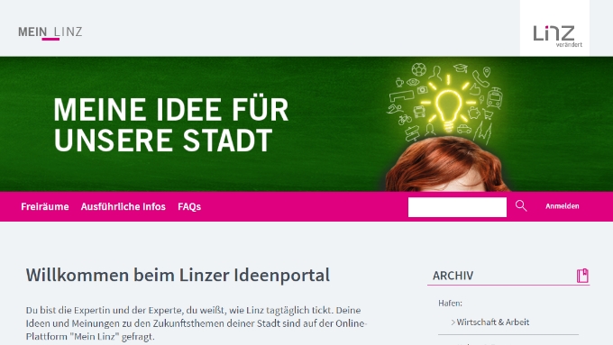 Stadt Linz Screenshot der Plattform Mein Linz