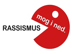 Sujet Rassismus mog i ned: ein roter Pacman mit der Aufschrift 'mog I net'  frisst das Wort Rassismus